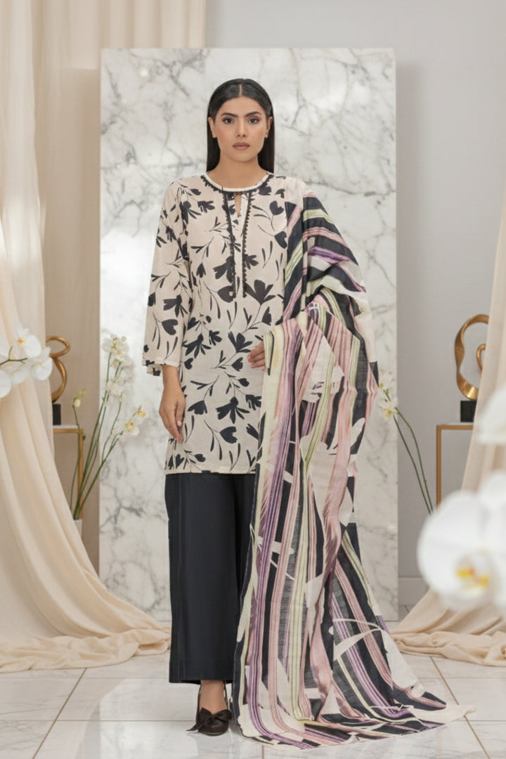 Chic Silhouette Kurta & Artistic Drape Dupatta Set Print Lawn 2-Piece Stitched Suit