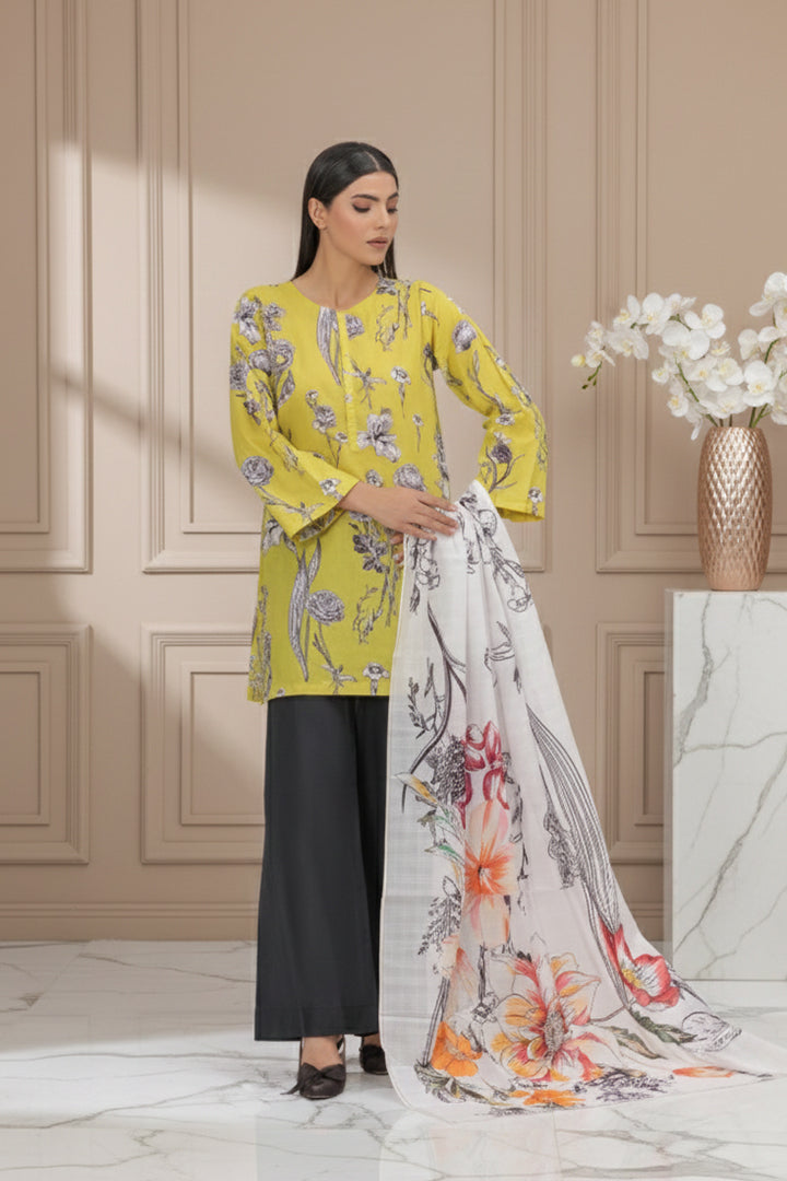 Citron & Charcoal Botanical Sketch Dupatta Set Print Lawn 2-Piece Stitched Suit