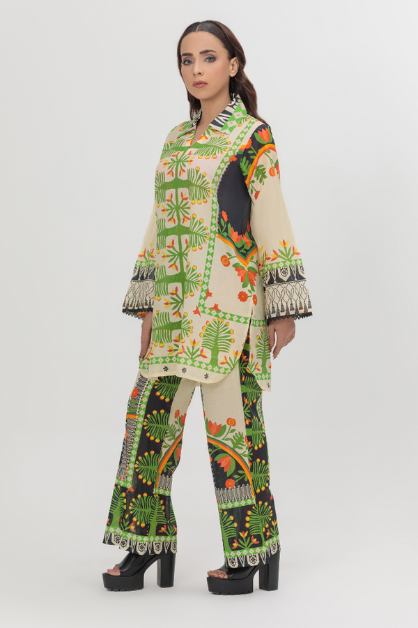 Folkloric Grove Contrast Print Lawn 2-Piece Stitched Suit