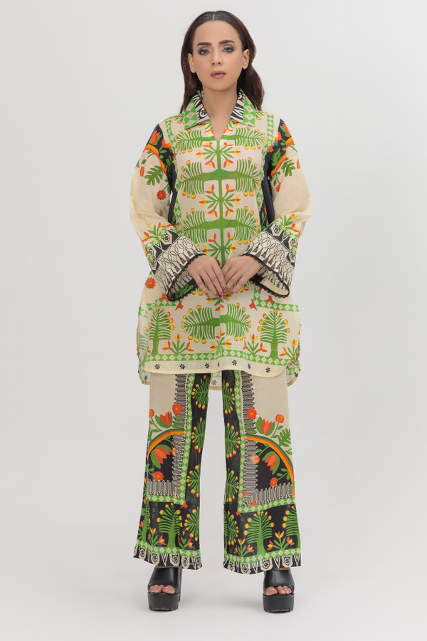 Folkloric Grove Contrast Print Lawn 2-Piece Stitched Suit