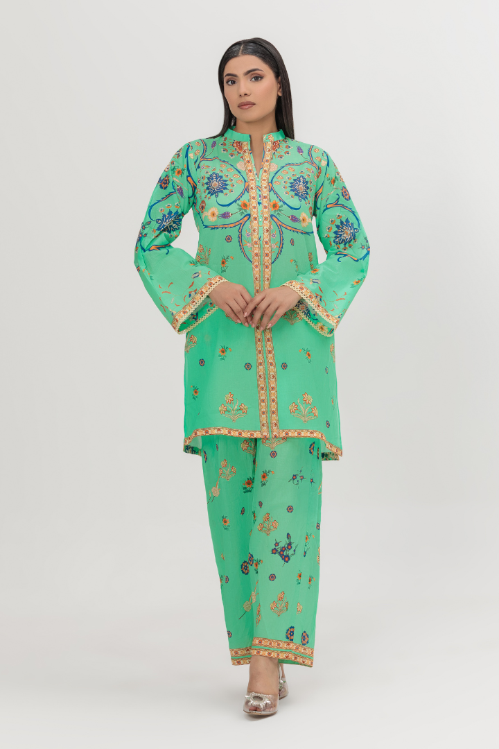 Green-Cyan Printed Lawn 2-Piece Stitched Suit