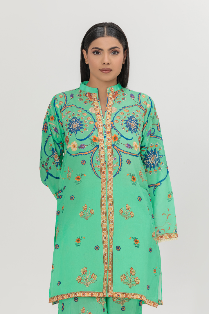Green-Cyan Printed Lawn 2-Piece Stitched Suit