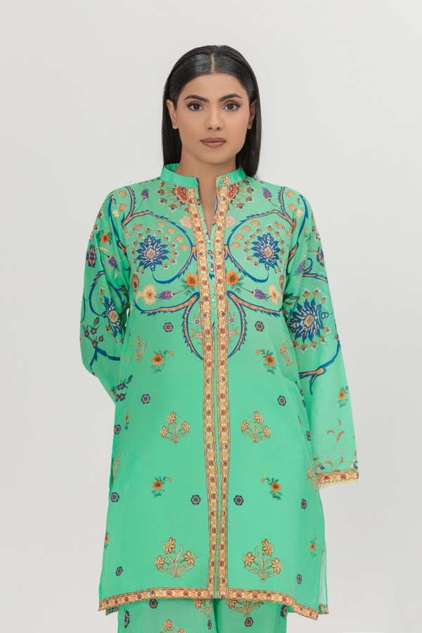 Green-Cyan Printed Lawn 2-Piece Stitched Suit