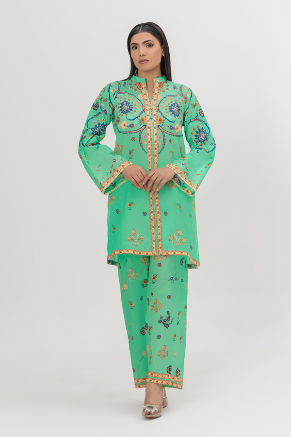 Green-Cyan Printed Lawn 2-Piece Stitched Suit