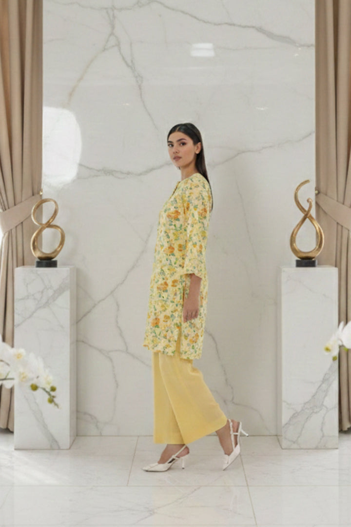 Sunshine Bloom Kurta & Zesty Orange Border Dupatta Set Lawn 2-Piece Stitched Suit