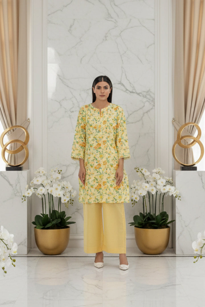 Sunshine Bloom Kurta & Zesty Orange Border Dupatta Set Lawn 2-Piece Stitched Suit