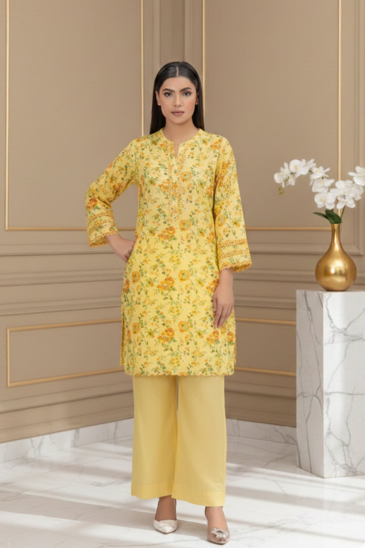 Sunshine Bloom Kurta & Zesty Orange Border Dupatta Set Lawn 2-Piece Stitched Suit