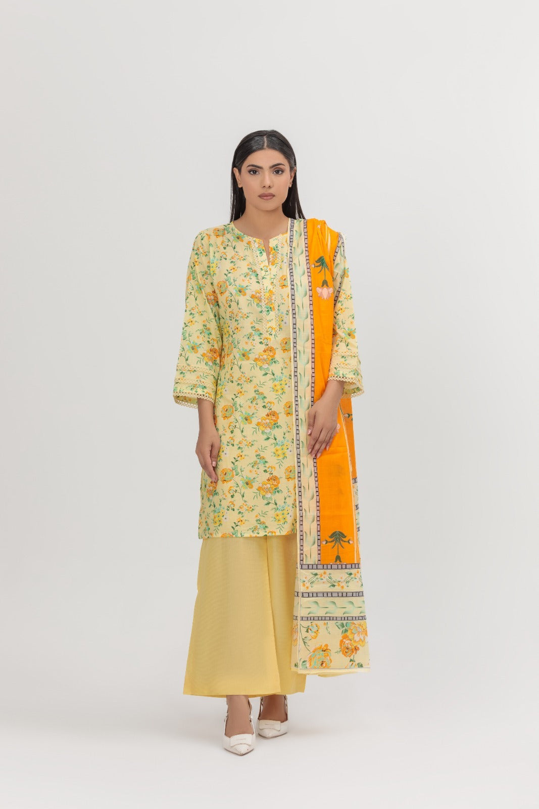 Sunshine Bloom Kurta & Zesty Orange Border Dupatta Set Lawn 2-Piece Stitched Suit